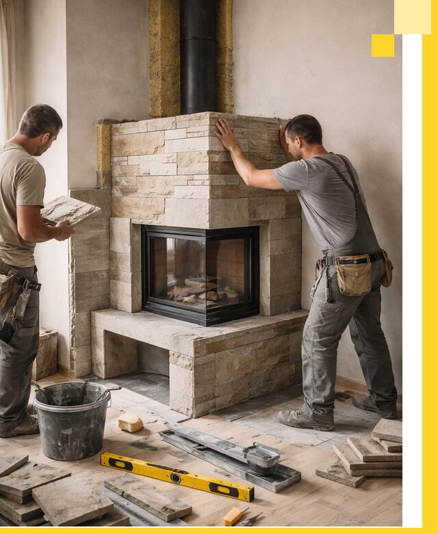 Угловые камины под ключ проект, монтаж и отделка в Копейске